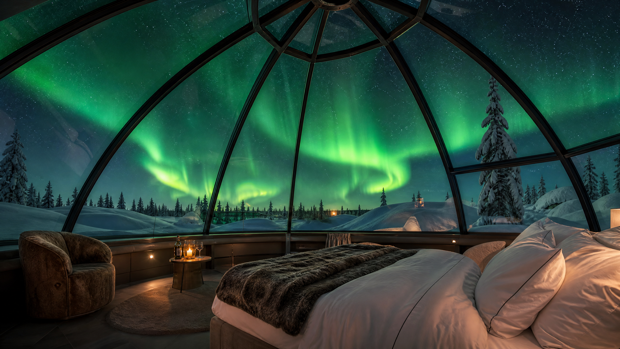 北欧极地玻璃穹顶小屋​在极光下的梦幻夜‍景